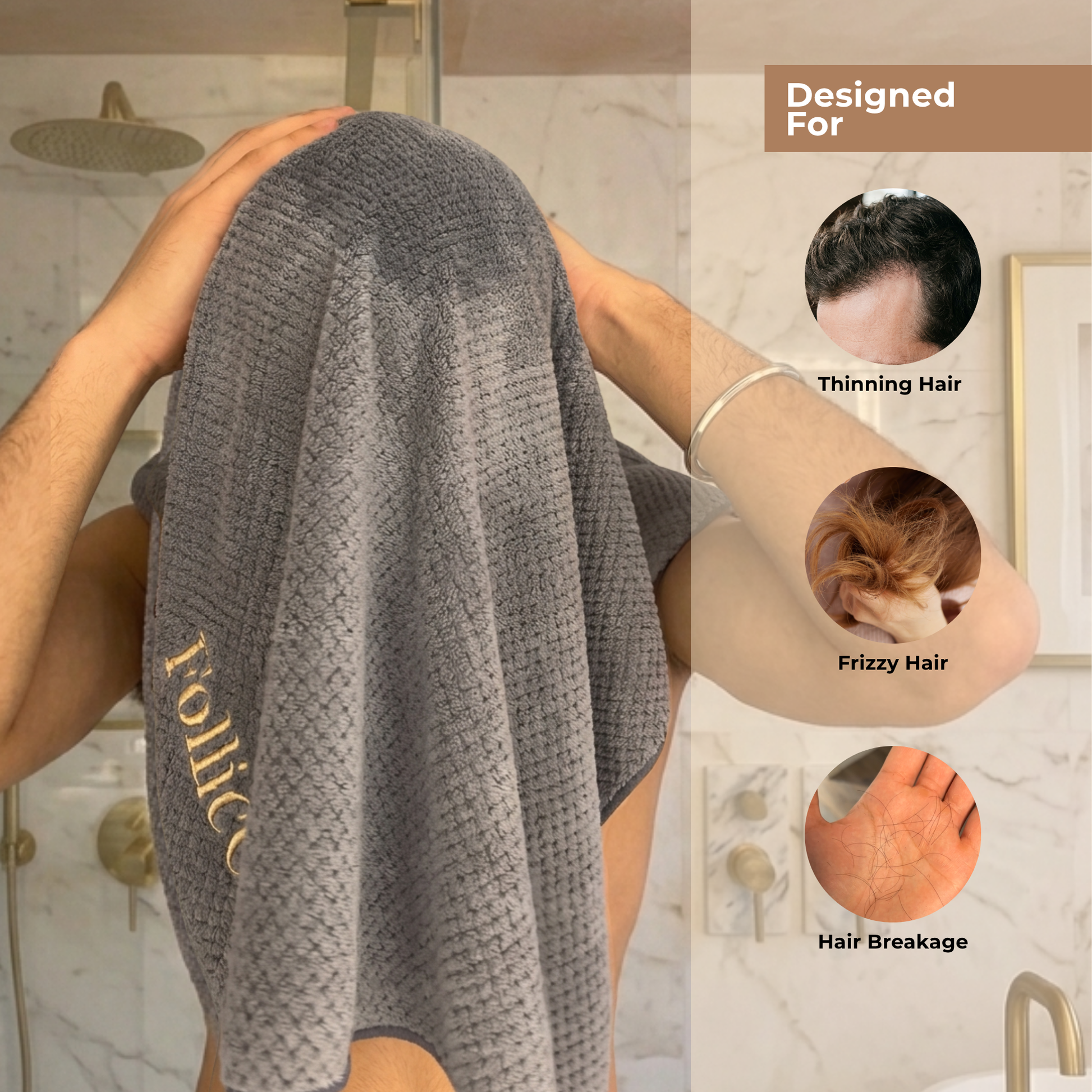 Demonstration of towel usage and showing that the towel was designed for people with thinning hair, frizzy hair, and hair breakage.