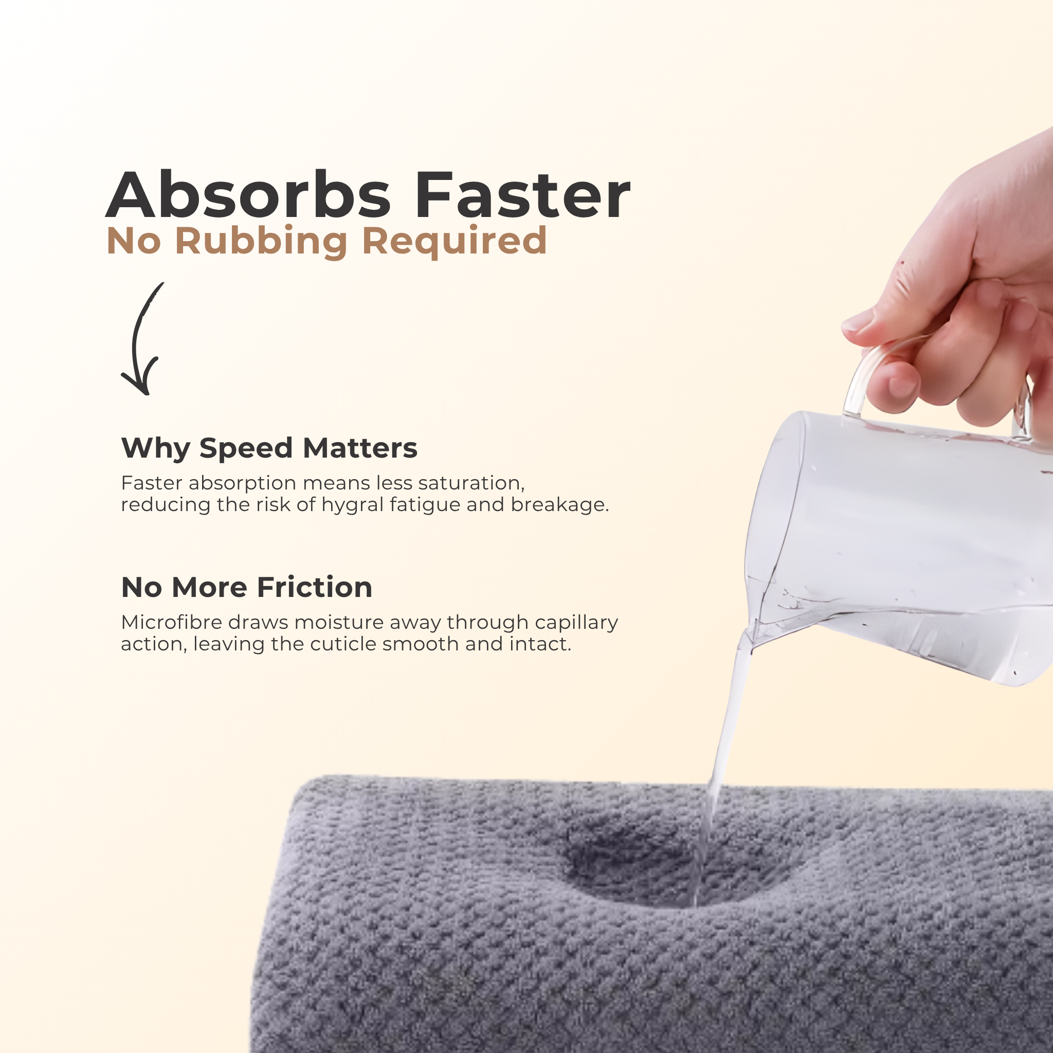 Towel absorbing water, pointing out that it reduces hygral fatigue and draws moisture using capillary action.