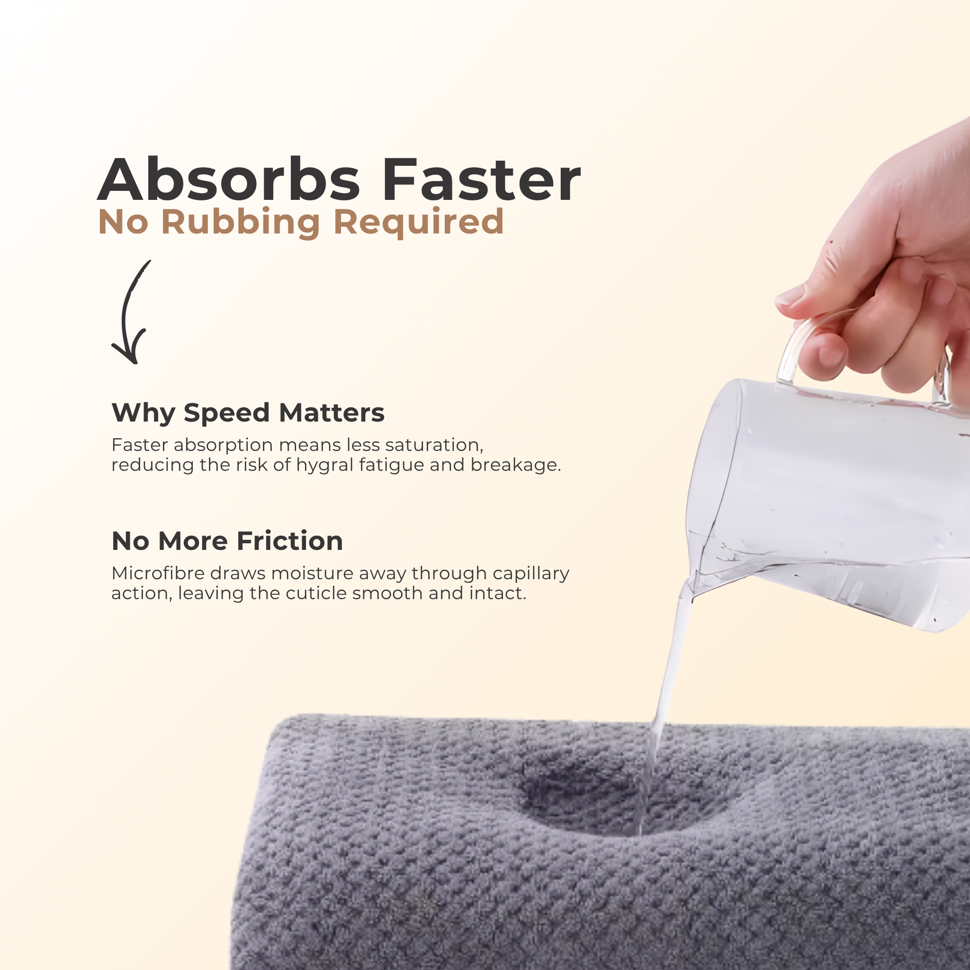 Towel absorbing water, pointing out that it reduces hygral fatigue and draws moisture using capillary action.